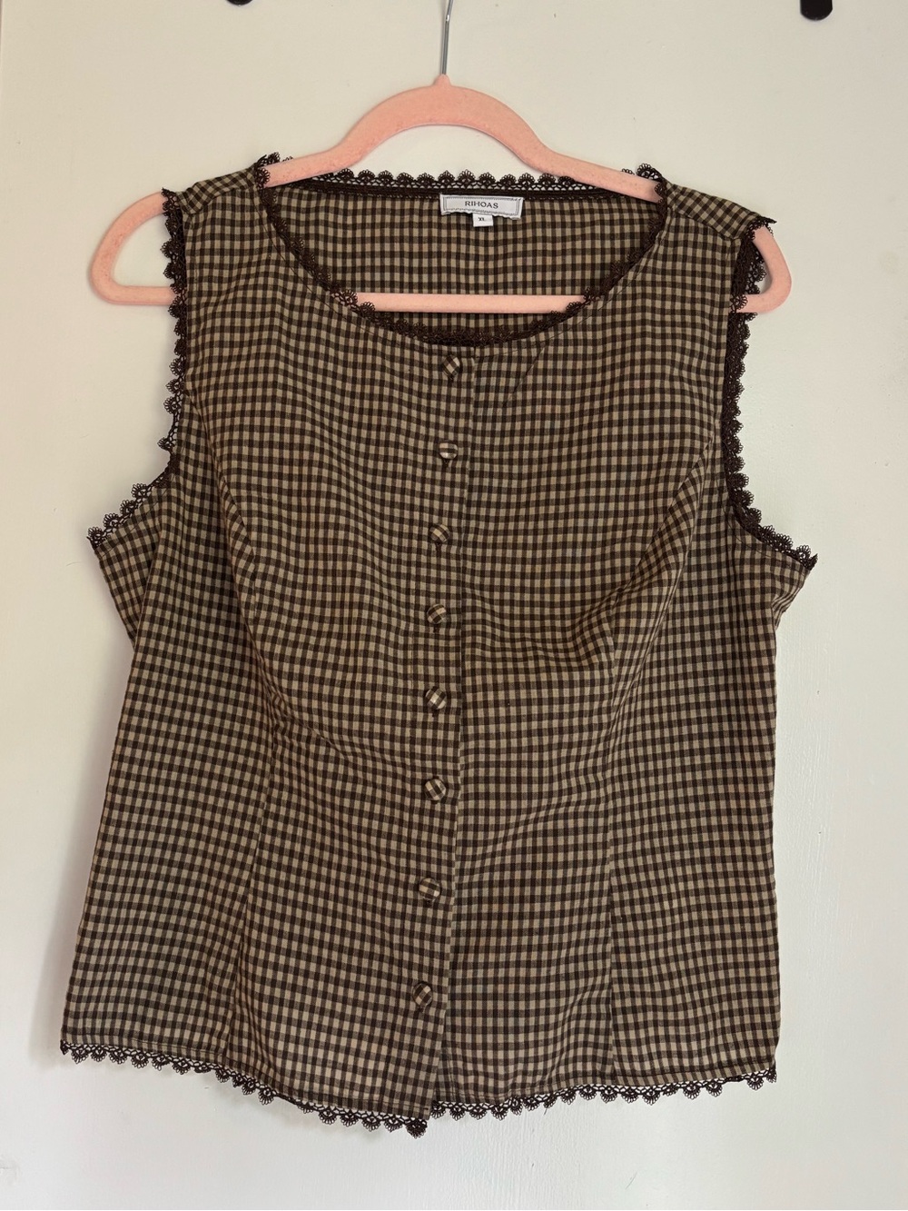 NWOT Rihoas Brown Plaid Button Vest with Tie Back | XL